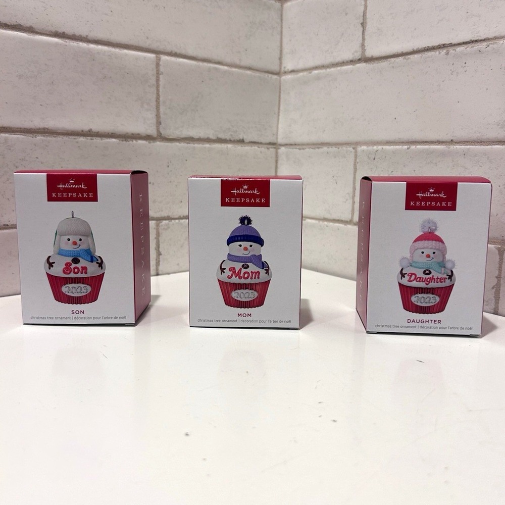 Hallmark Keepsake 2023 Snowman Cupcake Mom Daughter Son Christmas Ornaments 3